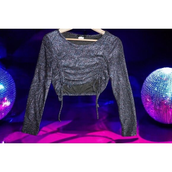 Jade Metallic Glitter Ruched Crop Top – Y2K Party Clubwear – Size L - Picture 1 of 15